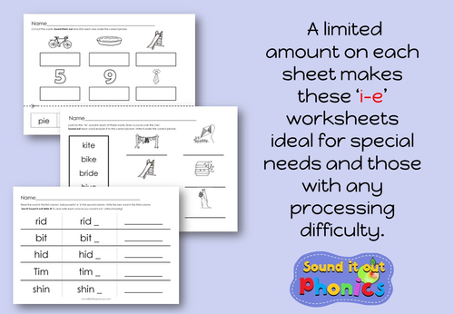 I-E Phonic Worksheets: Silent E/Long Vowels/Split Digraphs | Teaching ...