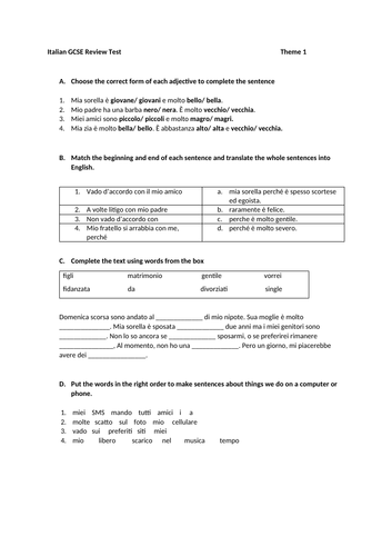 Italian GCSE Review Test - Theme 1