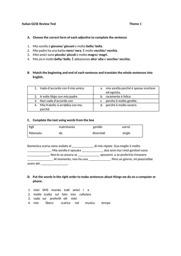 Italian GCSE Review Test - Theme 1