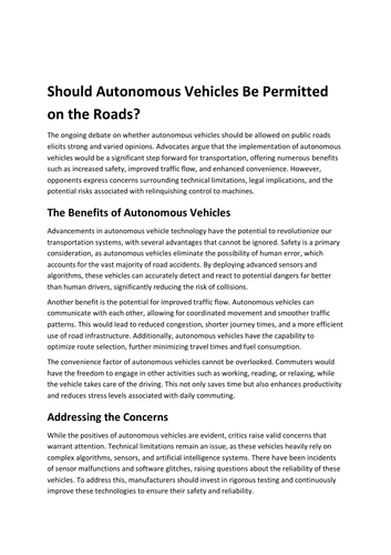 Should Automated Cars be allowed? - Debate Exemplar