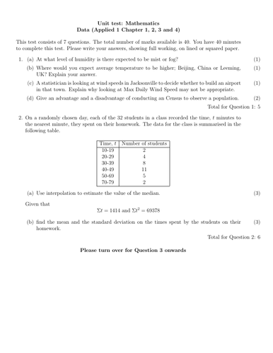 Edexcel Applied 1 Chapter 1,2,3 and 4 Unit Test - Data Processing and Representation