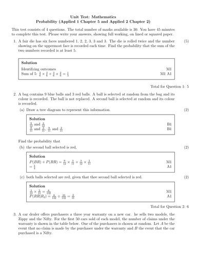 Edexcel Applied 1 Chapter 5 and Applied 2 Chapter 2 Unit Test - Probability