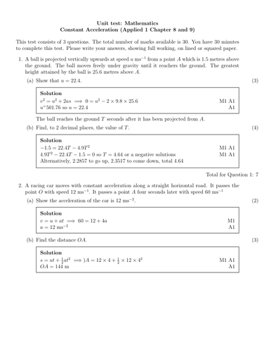Edexcel Applied 1 Chapter 8 and 9 Unit 91����t - SUVAT and Speed time graphs