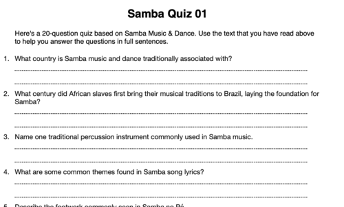 Samba Music (Cover Work Booklet) | Teaching Resources