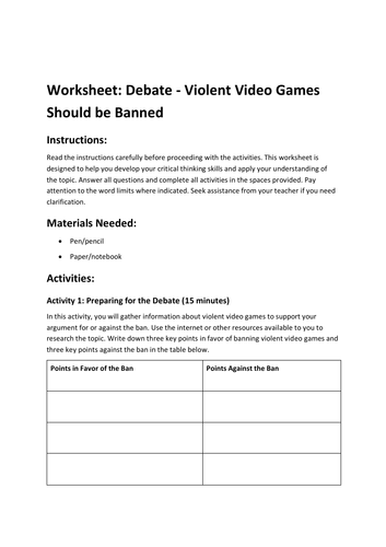 Worksheet: Debate - Violent Video Games Should be Banned