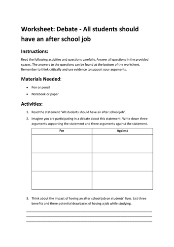 Worksheet: Debate - All students should have an after school job