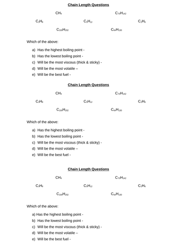 Hydrocarbon Chain Length Starter/Plenary