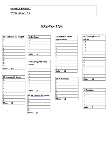 Biology PAPER 1 QUIZ - 75 Multiple choice | Teaching Resources