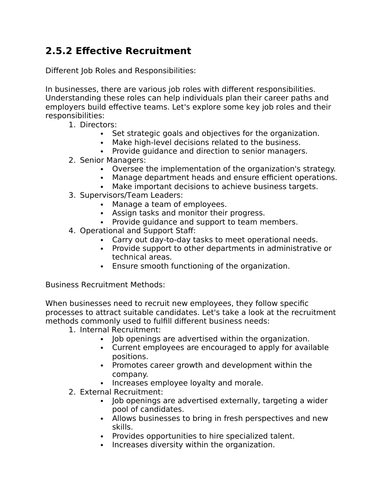 2.5.2 - Effective Recruitment (Revision Sheet) | Teaching Resources