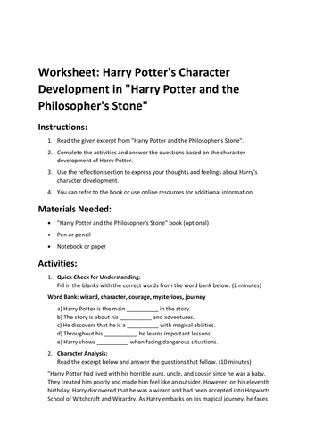 Worksheet: Harry Potter's Character Development in "Harry Potter and the Philosopher's Stone"