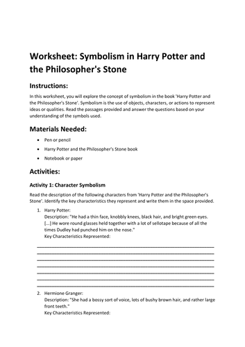Worksheet: Symbolism in Harry Potter and the Philosopher's Stone