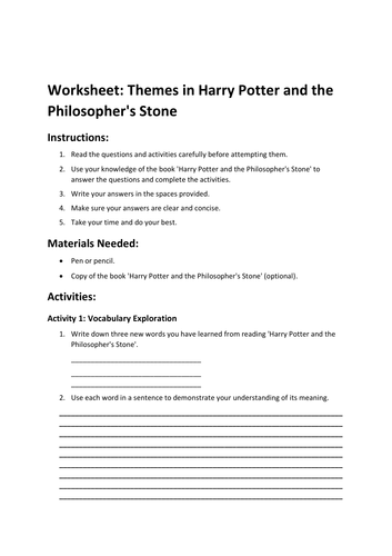 Worksheet: Themes in Harry Potter and the Philosopher's Stone