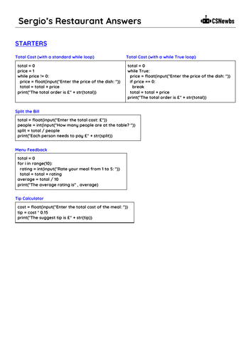 Sergio's Restaurant - GCSE Python Tasks | Teaching Resources