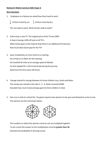 Nat 5 Applications of Maths Common Skills Papers | Teaching Resources