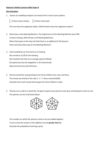 Nat 5 Applications of Maths Common Skills Papers | Teaching Resources