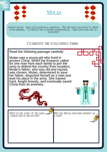 Mulan Comprehension Worksheet