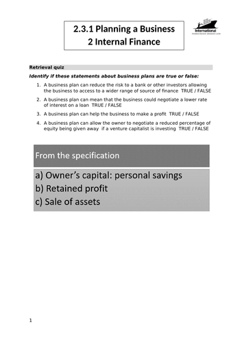 Edexcel A Level Business Theme 2- 24 Internal Finance | Teaching Resources