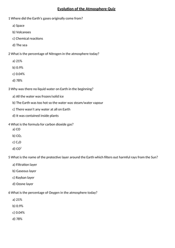 Evolution of the Atmosphere Multiple Choice Quiz with Answers