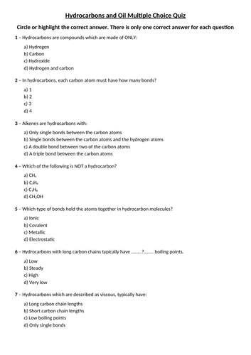 Hydrocarbons and Oil Multiple Choice Questions