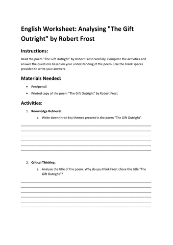English Worksheet: Analysing "The Gift Outright" by Robert Frost