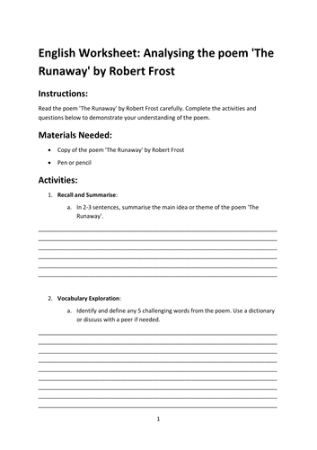 English Worksheet: Analysing the poem 'The Runaway' by Robert Frost