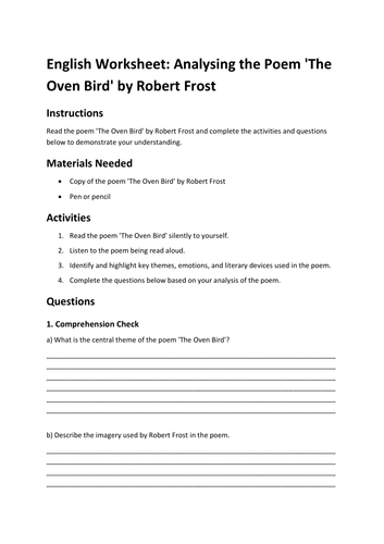 English Worksheet: Analysing the Poem 'The Oven Bird' by Robert Frost
