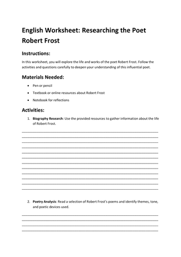 English Worksheet: Researching the Poet Robert Frost