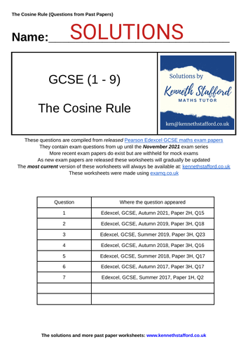 The Cosine Rule. GCSE Maths Past Paper Questions. | Teaching Resources