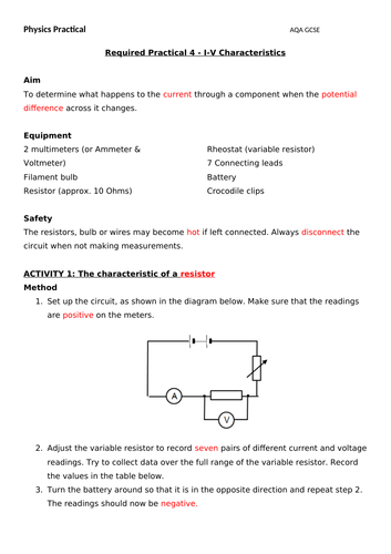 I-V Characteristics Required Practical AQA GCSE Physics | Teaching ...