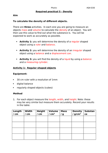 Density Required Practical AQA GCSE Physics | Teaching Resources