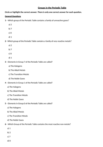 Groups in the Periodic Table Multiple Choice Quiz