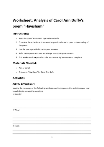 Worksheet: Analysis of Carol Ann Duffy's poem "Havisham"