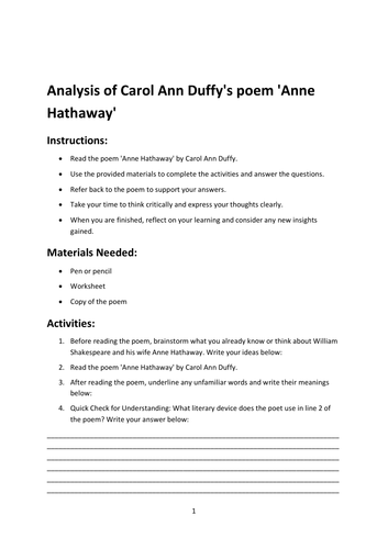 Analysis of Carol Ann Duffy's poem 'Anne Hathaway'
