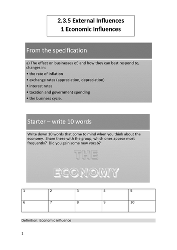 Edexcel A Level Business Theme 2- Unit 5 41 Economic Influences ...