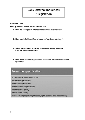 Edexcel A Level Business Theme 2- Unit 5 42 Legislation | Teaching ...