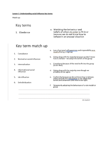 GCSE Edexcel Psychology terms used in social influence