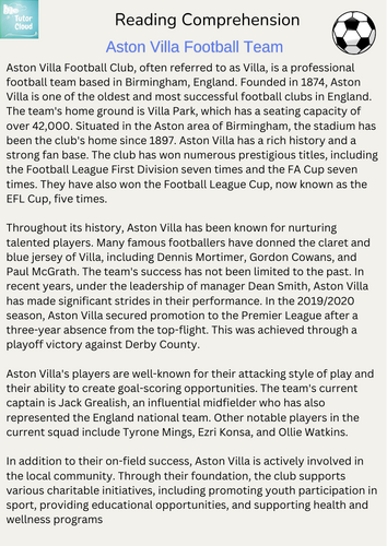 Aston Villa Football Team Reading Comprehension