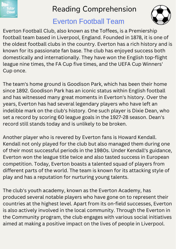 Everton Football Team Reading Comprehension