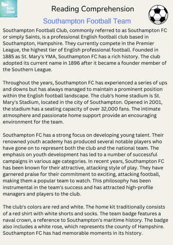 Southampton Football Team Reading Comprehension