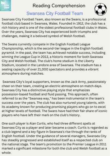 Swansea City Football Team Reading Comprehension