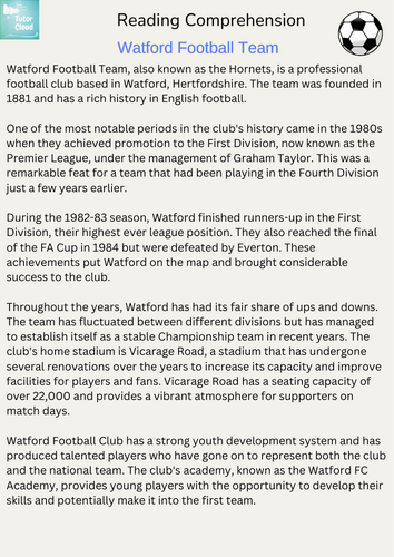 Watford Football Team Reading Comprehension