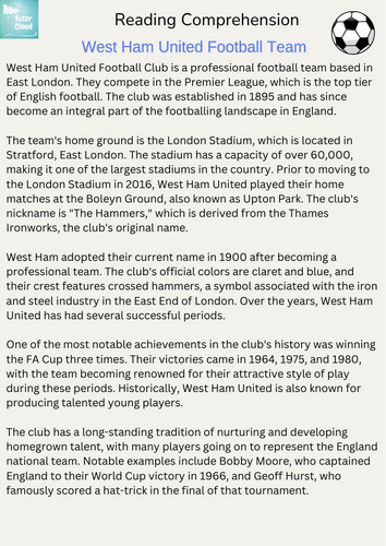 West Ham United Football Team Reading Comprehension