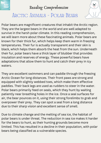 Arctic Animals – Reading Comprehension - Polar Bears