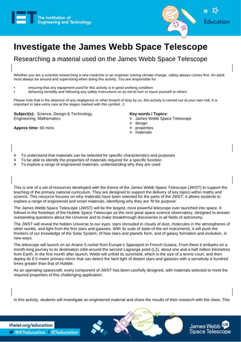 Investigate the James Webb Space Telescope Teaching Resources