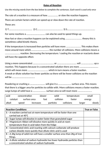 Rates of Reaction Cloze & True or False