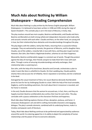 Much Ado about Nothing by William Shakespeare – Reading Comprehension