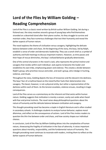 Lord of the Flies by William Golding – Reading Comprehension | Teaching ...