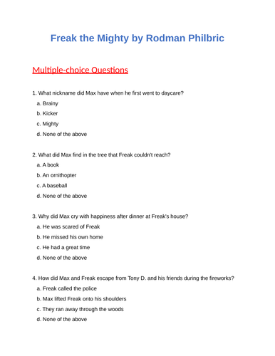 Freak the Mighty : Multiple choice Questions - Test / Quiz | Teaching ...