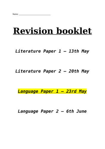 Language Paper 1 Revision Booklet Q1-Q5 AQA | Teaching Resources