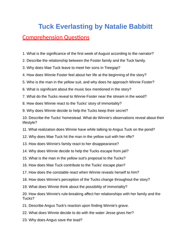 Tuck Everlasting : Reading comprehension Questions - Test / Quiz ...